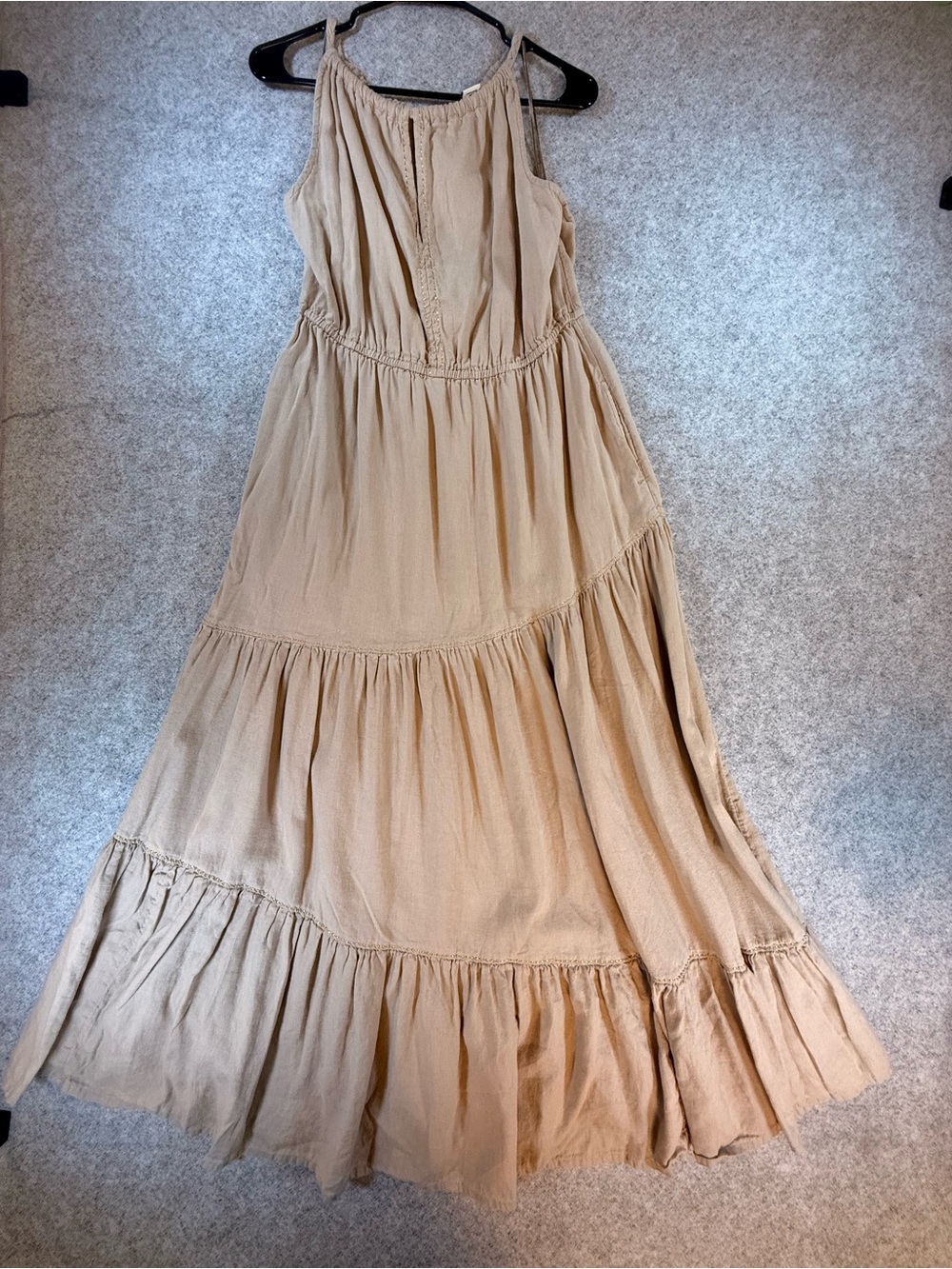 Rachel Zoe Linen Blend Tiered Maxi Dress Gold Thread Pockets L